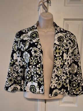 Bob Mackie Black White and Olive Floral Cropped Blazer